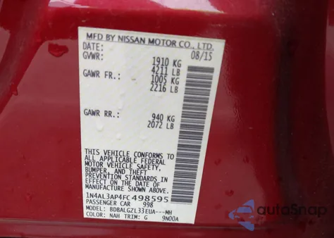 2015 Nissan Altima 2.5 S z USA, uszkodzony, nr VIN 1N4AL3AP4FC498595